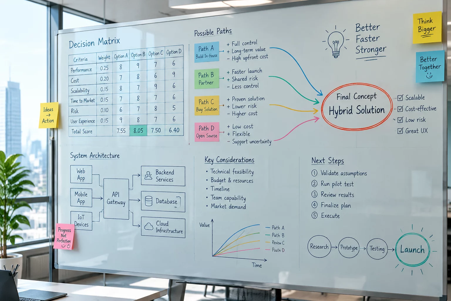 Whiteboard decision matrix and convergence arrows