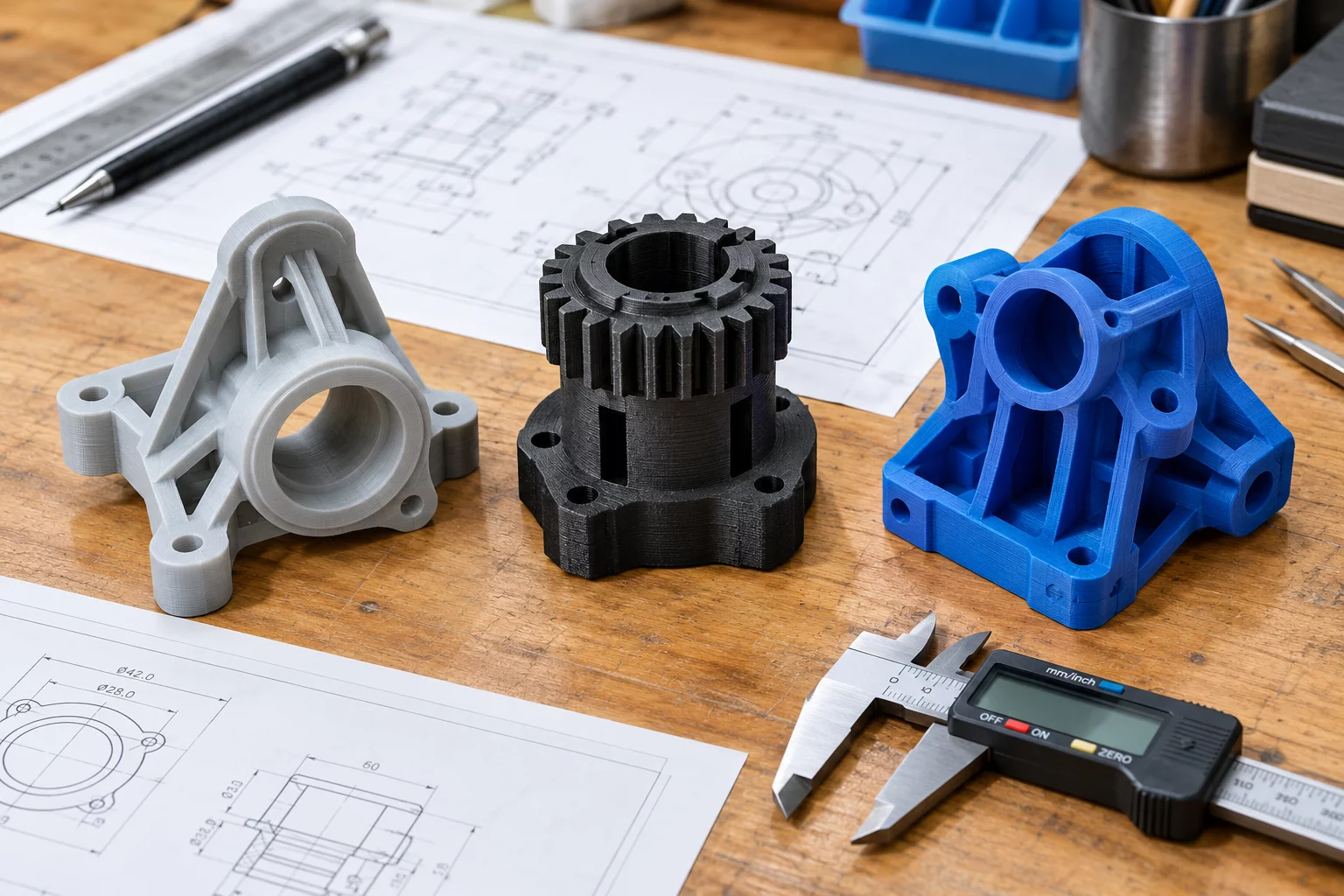 Three different 3D printed mechanical prototype variations resting on an engineer's wooden workbench.