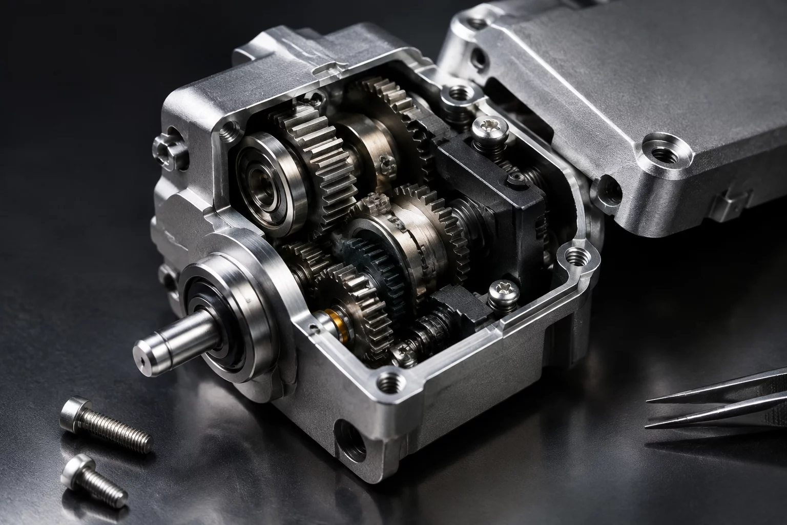 A complex compact mechanical assembly showing intricate internal gearing and difficult tool access.