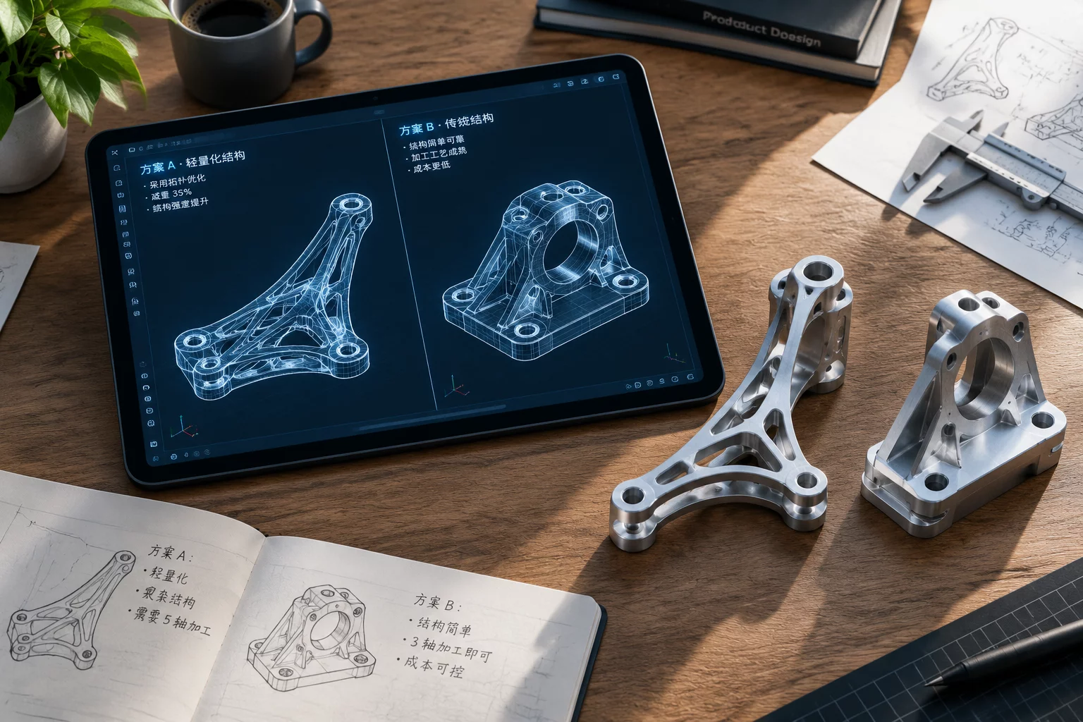 Two contrasting engineering design sketches on a digital tablet next to physical metal components.